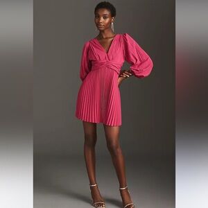 Anthropologie X Aureta Long Sleeve Pleated Mini Dress in Rich Pink XL